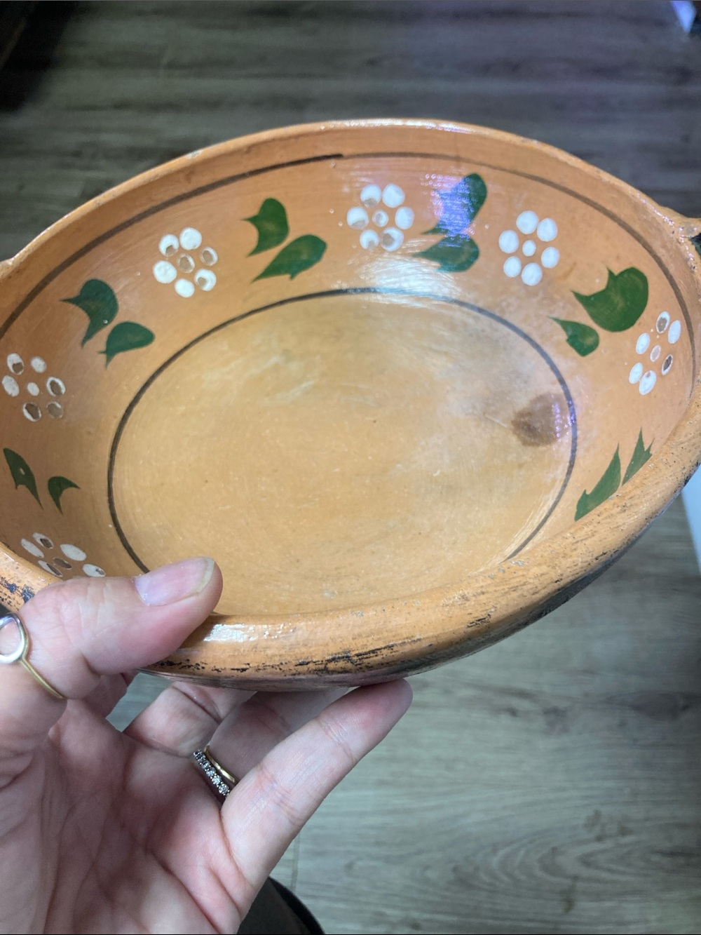 Hand Crafted Terracotta Serving Bowl with Green and White Floral Motif - Picture 8 of 8